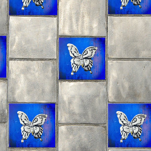Vintage Mexican Silver Butterfly On Blue Ceramic Tile