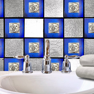 Vintage Mexican Silver Moon & Sun On Blue Ceramic Tile