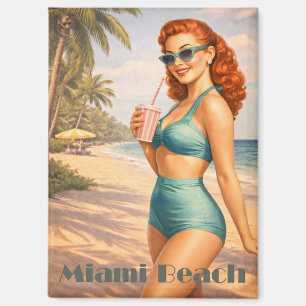 Vintage Miami Beach Pin-Up Art Magnet   Retro 1950