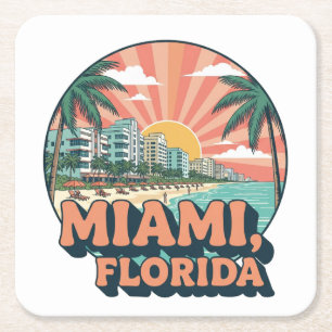 Vintage Miami Florida 80s Art Travel Logo Square Paper Coaster