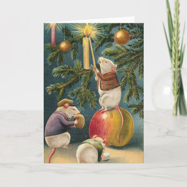 Vintage mice lighting christmas tree holiday card (Front)