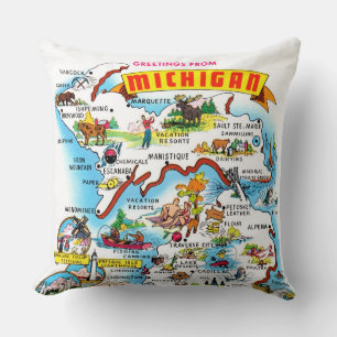 Vintage Michigan Greetings Map Cushion