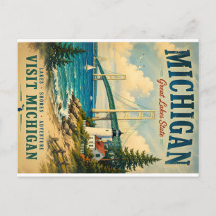 Vintage Michigan Travel Poster with Great Lakes Sh Holiday Postcard