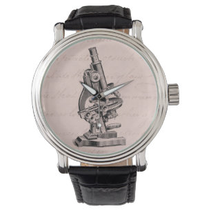 Vintage Microscope Illustration Pink Steampunk Watch