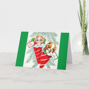 Vintage Mid Century Beautiful Baby Puppy Kitten Holiday Card