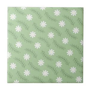 Vintage Mid Century Green White Flower Pattern Ceramic Tile