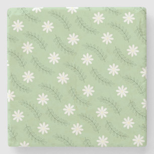 Vintage Mid Century Green White Flower Pattern Stone Coaster