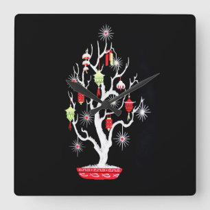 Vintage Mid Century Mod Asian Christmas Tree Square Wall Clock