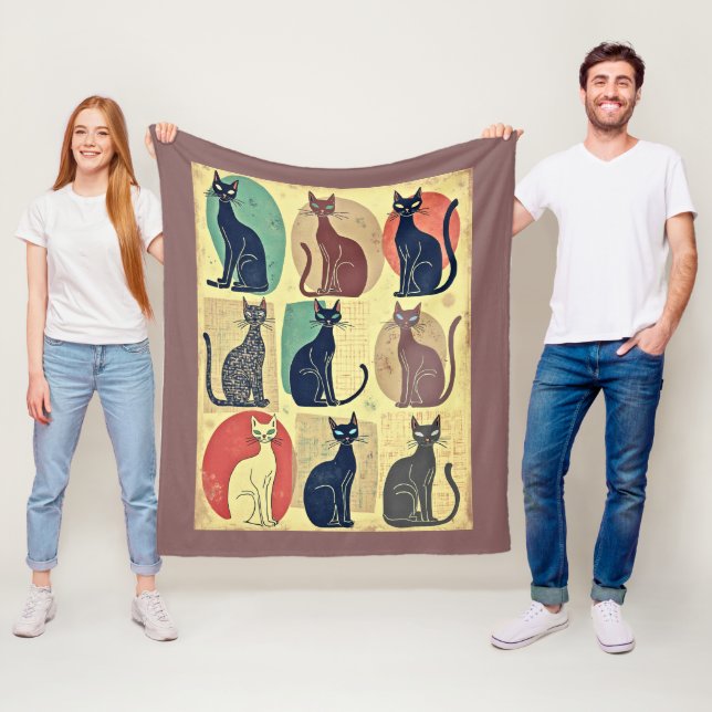 Vintage Mid-Century Modern Cats Fleece Blanket (In Situ)