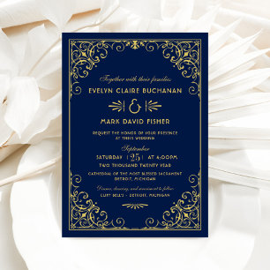 Vintage Midnight Blue and Gold Art Deco Wedding Invitation