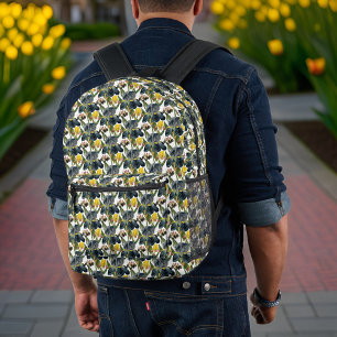 Vintage Midnight Blue and Yellow Iris Pattern Printed Backpack