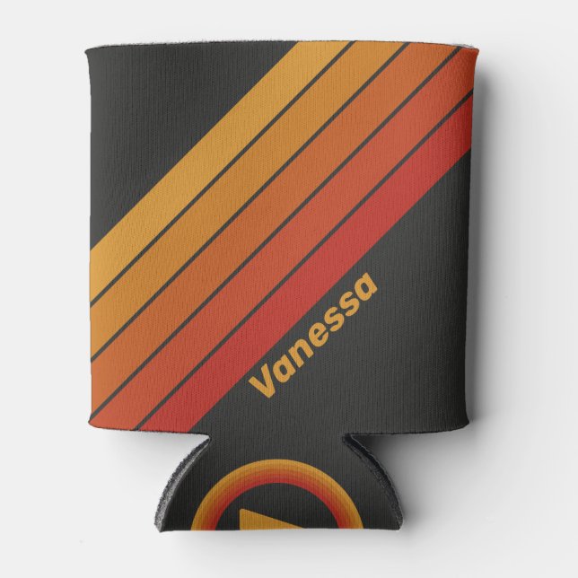 Vintage Midnight Sunset Stripes with Name Can Cooler (Front)
