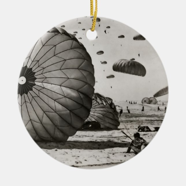 Vintage Military Parachute Landing Ceramic Ornament (Front)