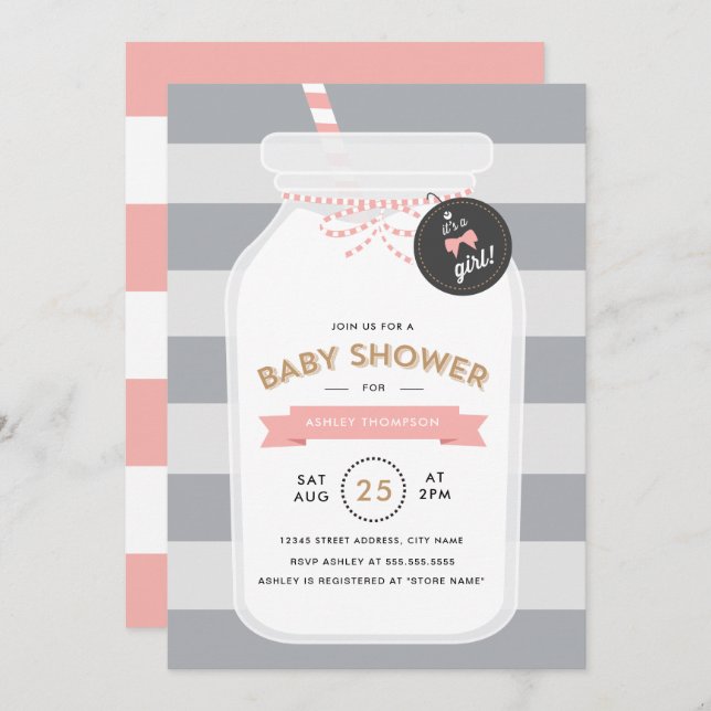 Vintage Milk Bottle Baby Shower Invite - Pink (Front/Back)