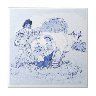 Vintage Milk Maid Dairy Farm Romance Delft Blue Ceramic Tile