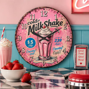 Vintage Milkshake Retro Diner Kitchen Large Clock