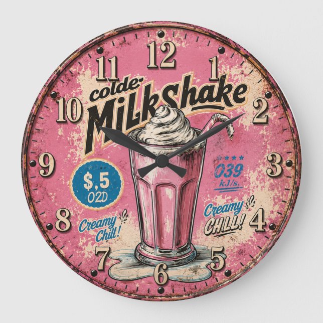 Vintage Milkshake Retro Diner Kitchen Large Clock (Front)