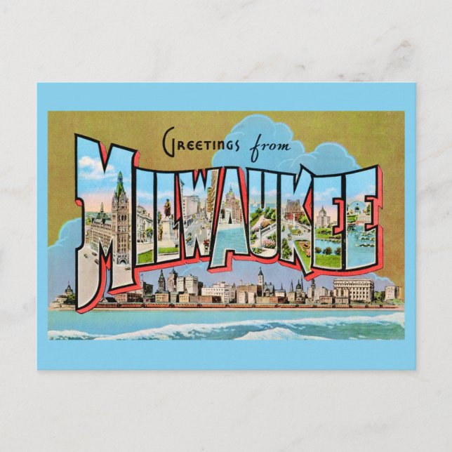 Vintage Milwaukee Greeting Blue Postcard (Front)
