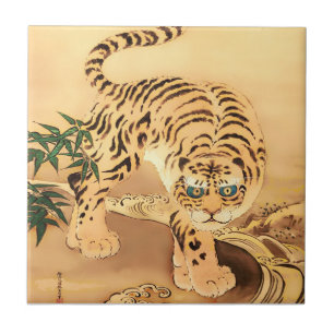 Vintage Minhwa Tiger by a Stream Ceramic Tile