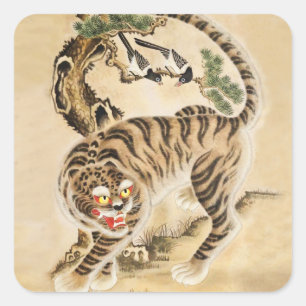 Vintage Minhwa Tiger Under Pine Tree Square Sticker