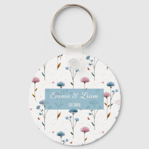 Vintage Minimal Blue and Pink Floral Personalised Key Ring