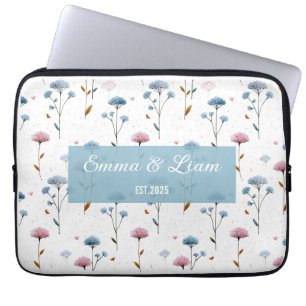 Vintage Minimal Blue and Pink Floral Personalised Laptop Sleeve