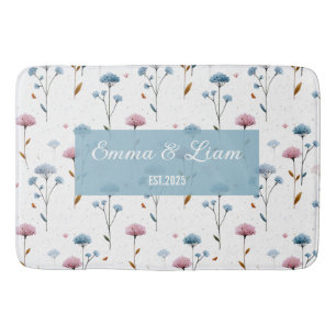 Vintage Minimal Blue and Pink Floral Personalized Bath Mat