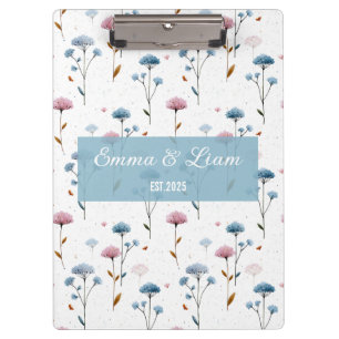 Vintage Minimal Blue and Pink Floral Personalized Clipboard