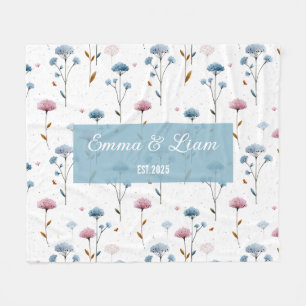 Vintage Minimal Blue and Pink Floral Personalized Fleece Blanket