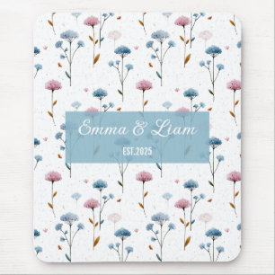 Vintage Minimal Blue and Pink Floral Personalized Mouse Pad