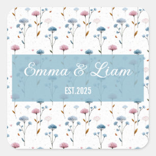Vintage Minimal Blue and Pink Floral Personalized Square Sticker
