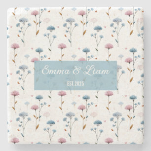 Vintage Minimal Blue and Pink Floral Personalized Stone Coaster