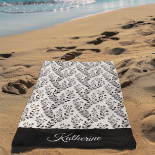 Vintage Minimalist Black Cream Floral Script Beach Towel