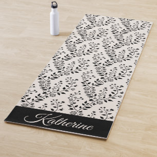 Vintage Minimalist Black Cream Floral Script Yoga Mat