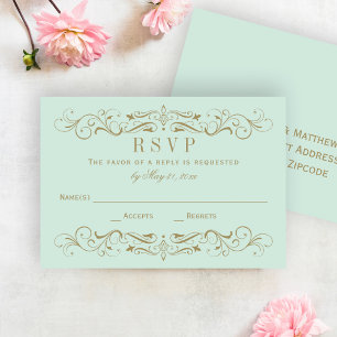 Vintage Mint and Antique Gold Flourish Wedding RSVP Card