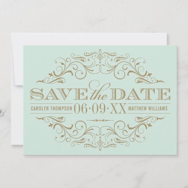 Vintage Mint Antique Flourish Wedding Save The Date (Front)