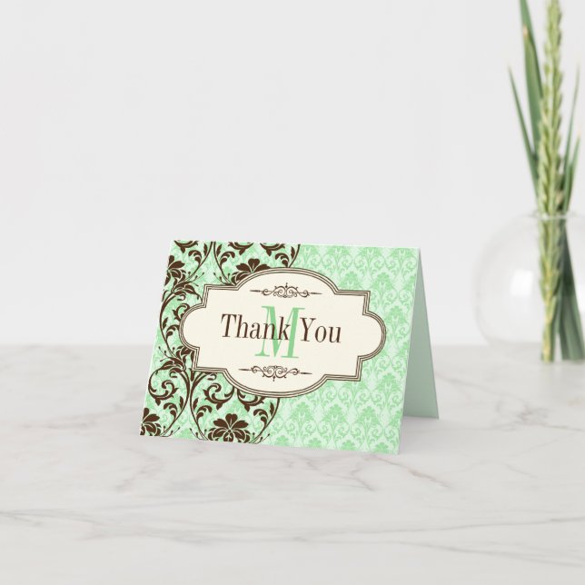 Vintage Mint, Brown Scrolls Thank You Card (Front)