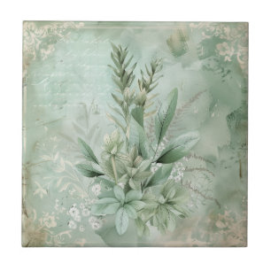 Vintage Mint Green Botanical Floral (1) Ceramic Tile