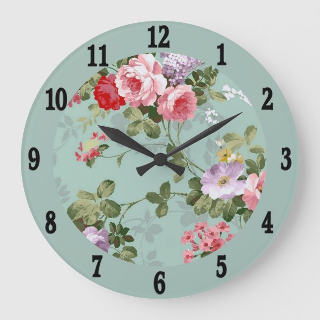 Vintage Mint Green Floral Design  Large Clock (Front)