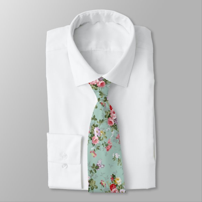 Vintage Mint Green Floral Design  Tie (Tied)