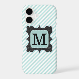 Vintage Mint Green Stripes Pattern Black Monogram