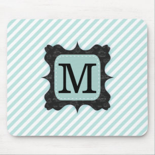 Vintage Mint Green Stripes Pattern Black Monogram Mouse Pad