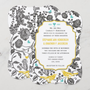 Vintage Mint Grey Yellow Floral Love Bird Wedding Invitation