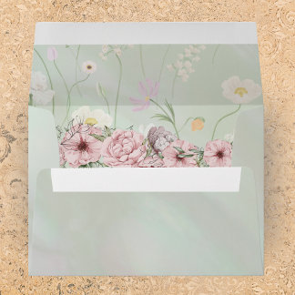 Vintage Mint Peony Wedding Envelope