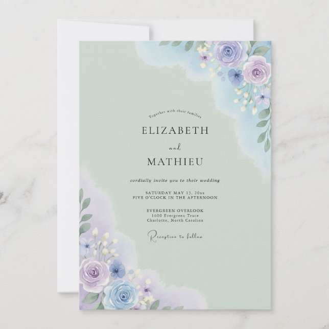 Vintage Mint Periwinkle Peony Wedding Invitation (Front)