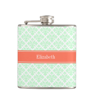 Vintage Mint White Damask #3 Coral Name Monogram Hip Flask
