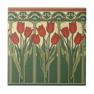 Vintage Mission Style Red Tulip Frieze Ceramic Tile