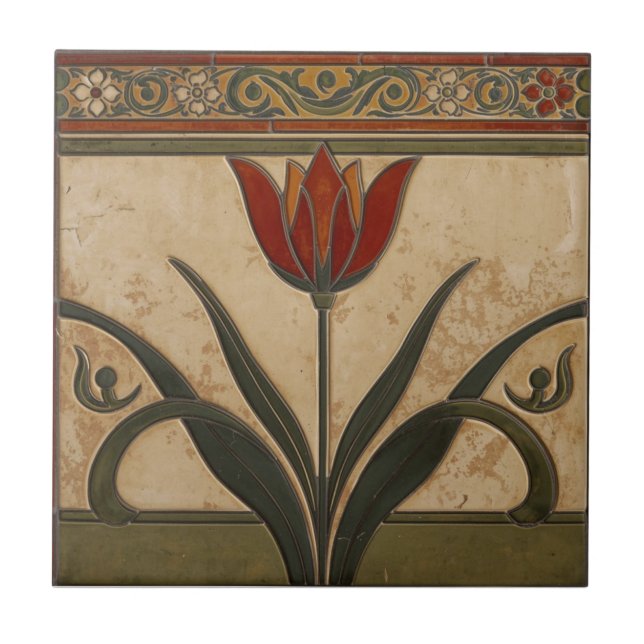 Vintage Mission Style Red Tulip Frieze Ceramic Tile (Front)