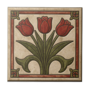 Vintage Mission Style Red Tulip Frieze Ceramic Tile