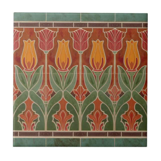 Vintage Mission Style Red Tulip Frieze Ceramic Tile (Front)